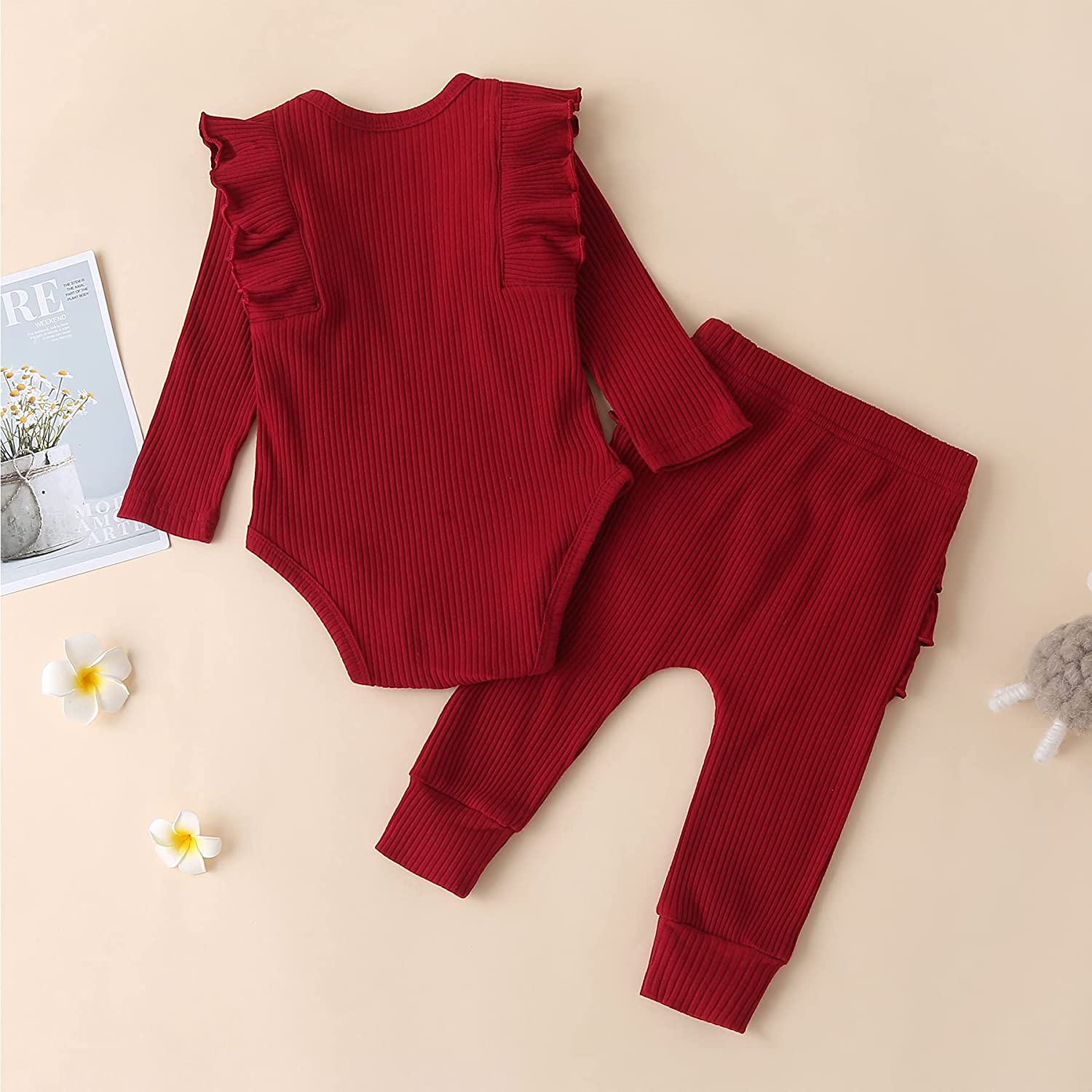 Fullfamous Baby Girl's 3pc Rib Frill Long Sleeve Romper and Pant Set - Image 4